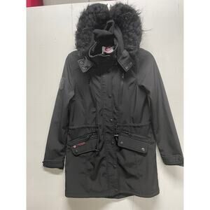Canada Weather Gear Women's Black Coat Size Medium Fur on Hood, Waist Drawstring